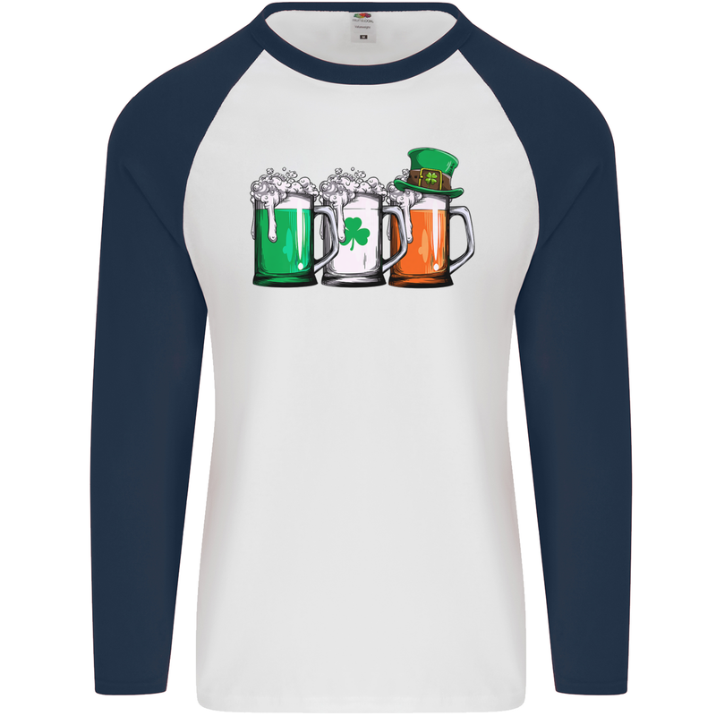 St Patricks Day Beer USA Irish Funny Mens L/S Baseball T-Shirt White/Navy Blue