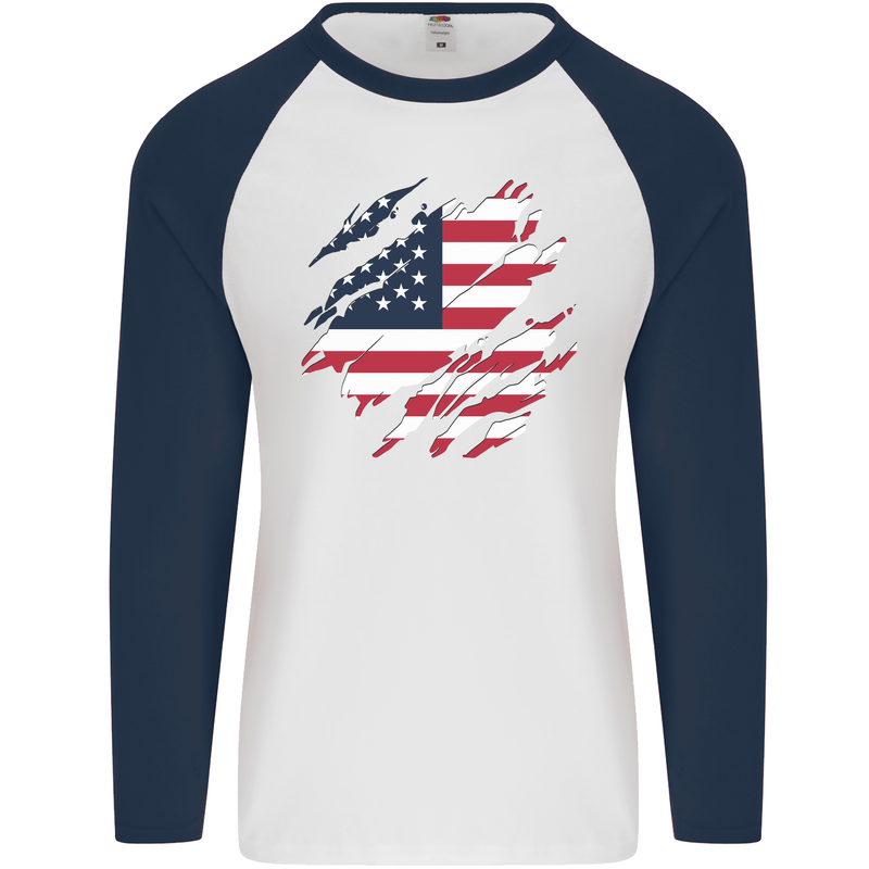 Torn USA Flag Independance Day Football Mens L/S Baseball T-Shirt White/Navy Blue