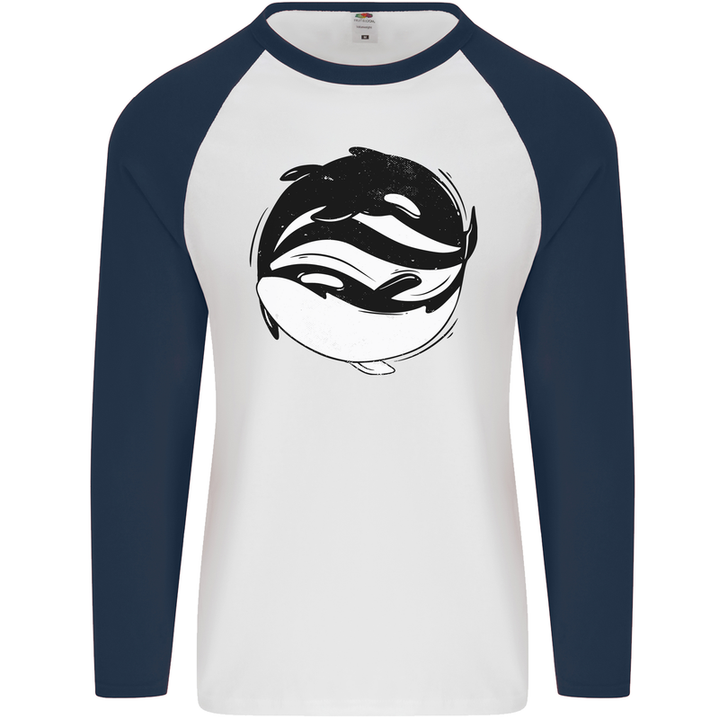 Ying Yan Orca Killer Whale Mens L/S Baseball T-Shirt White/Navy Blue