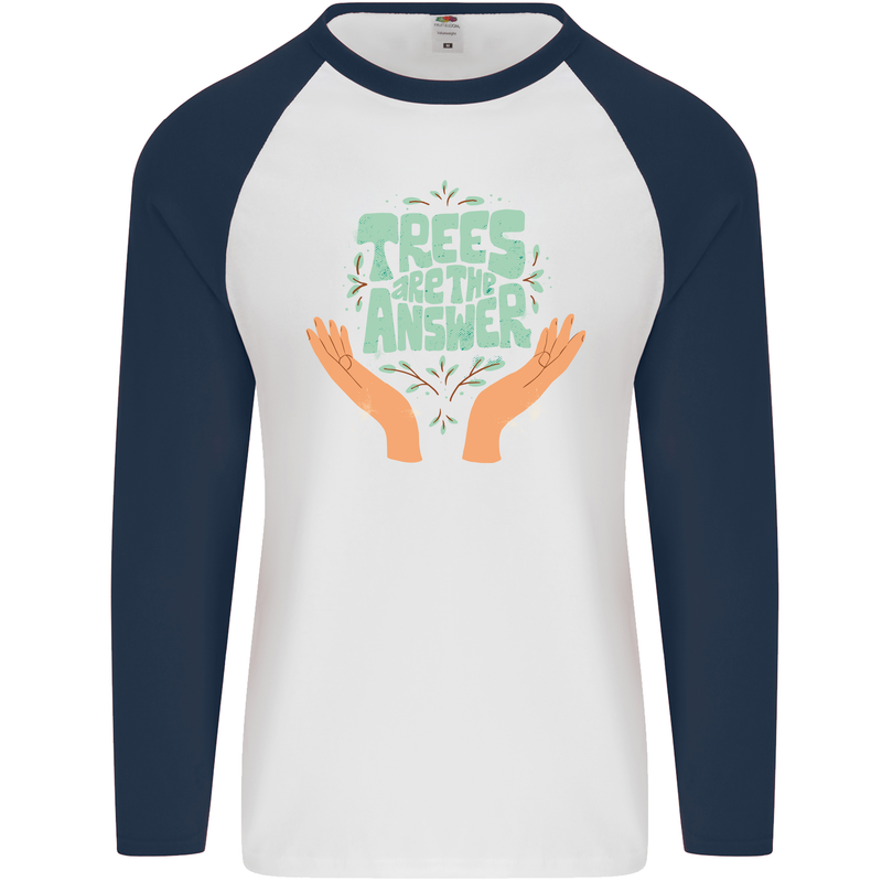 Trees Are the Answer Climate Change Mens L/S Baseball T-Shirt White/Navy Blue