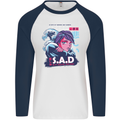 Music Vaporwave Anime Girl Emo SAD Mens L/S Baseball T-Shirt White/Navy Blue