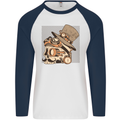 Steampunk Skull With Moustache Mens L/S Baseball T-Shirt White/Navy Blue