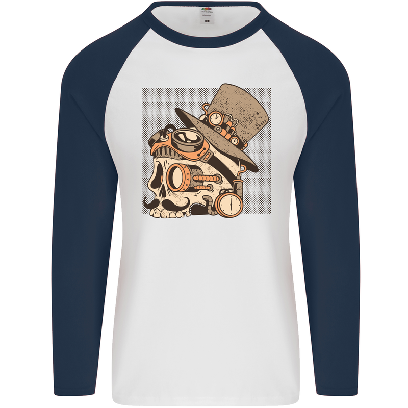 Steampunk Skull With Moustache Mens L/S Baseball T-Shirt White/Navy Blue