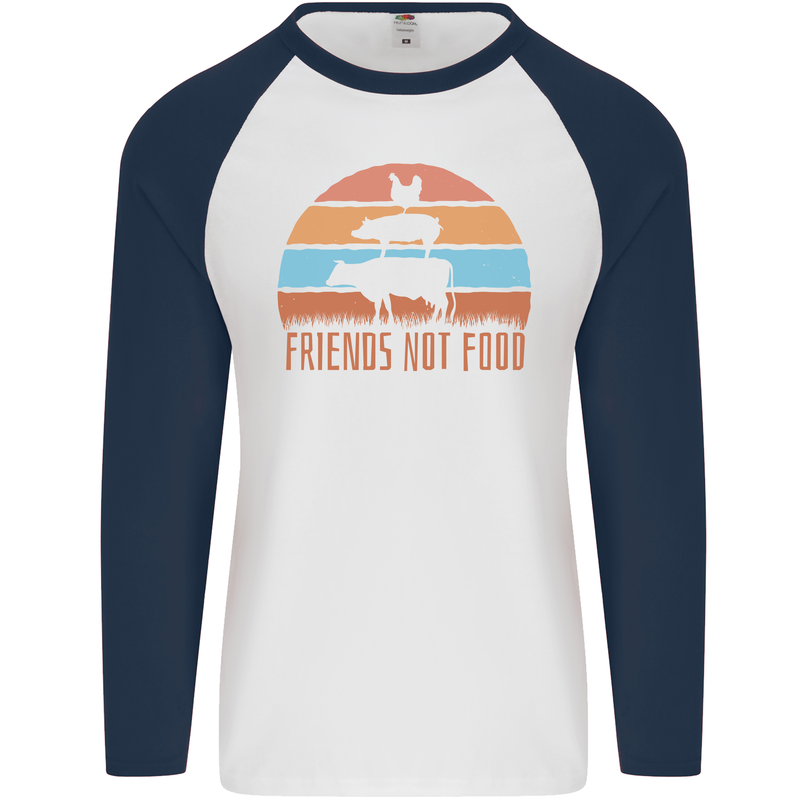 Vegetarian Animals Friends Not Food Vegan 2 Mens L/S Baseball T-Shirt White/Navy Blue