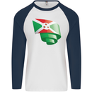 Curled Burundi Flag Burundians Day Football Mens L/S Baseball T-Shirt White/Navy Blue