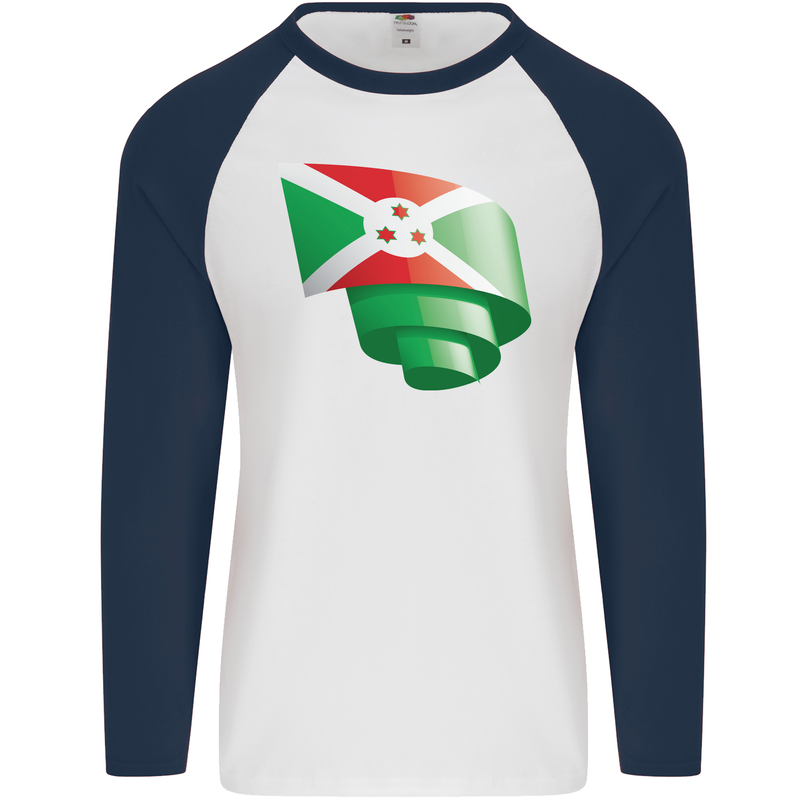 Curled Burundi Flag Burundians Day Football Mens L/S Baseball T-Shirt White/Navy Blue