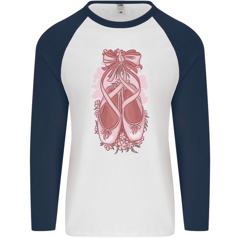 Ballerina Shoes Ballet Dancing Mens L/S Baseball T-Shirt White/Navy Blue