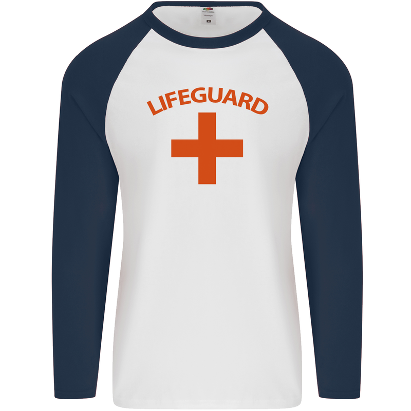 Lifeguard Fancy Dress Outfit Costume Mens L/S Baseball T-Shirt White/Navy Blue