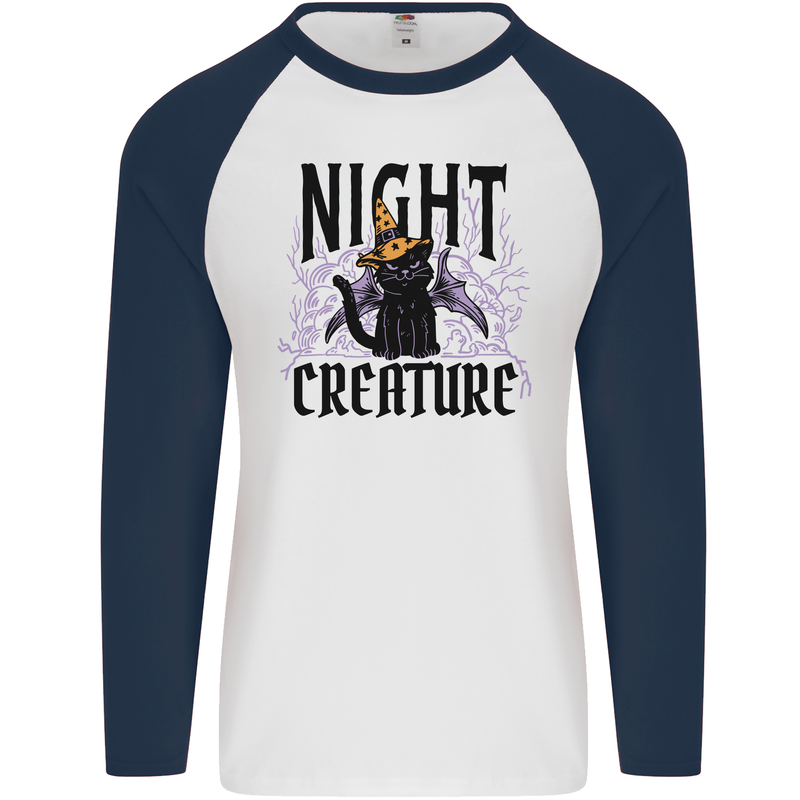 Halloween Cat Night Creature Witch Mens L/S Baseball T-Shirt White/Navy Blue