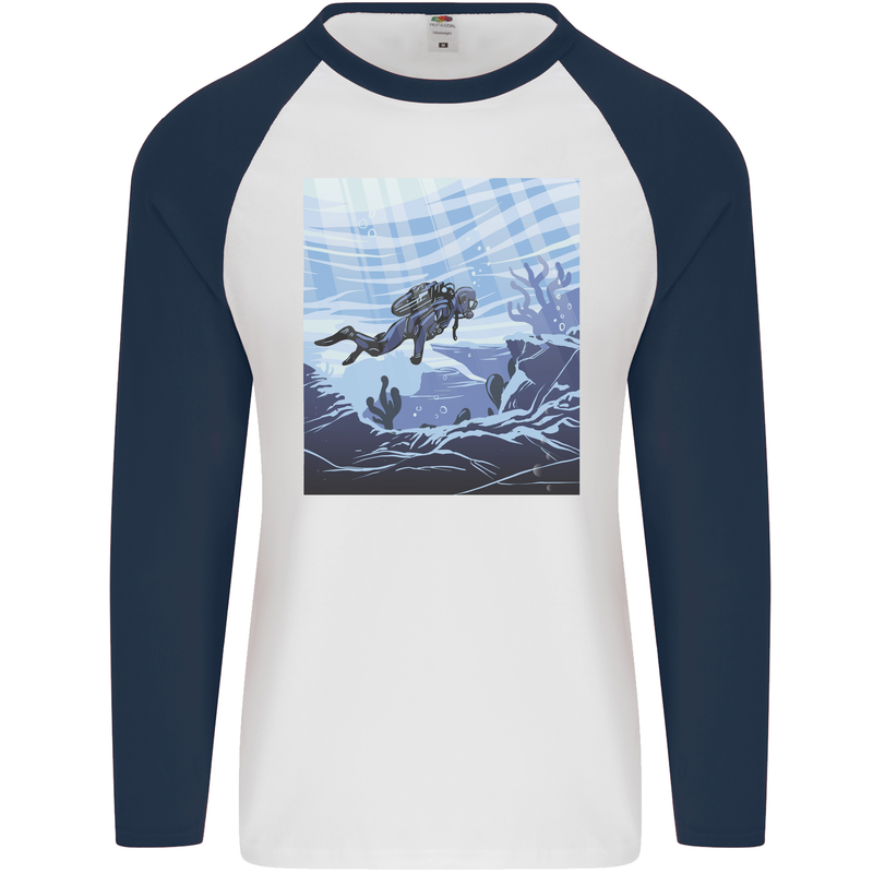 A Deep Sea Scuba Diver Diving Mens L/S Baseball T-Shirt White/Navy Blue