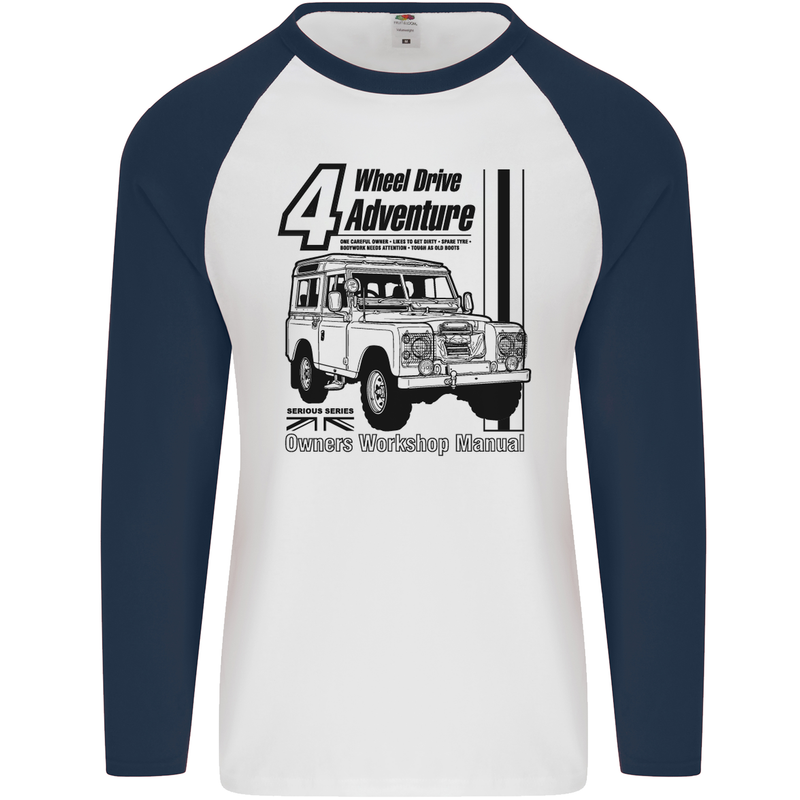 4 Wheel Drive Adventure 4X4 Off Road Mens L/S Baseball T-Shirt White/Navy Blue