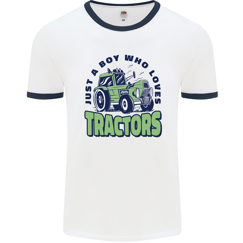 Just a Boy Who Loves Tractors Farmer Mens Ringer T-Shirt White/Navy Blue