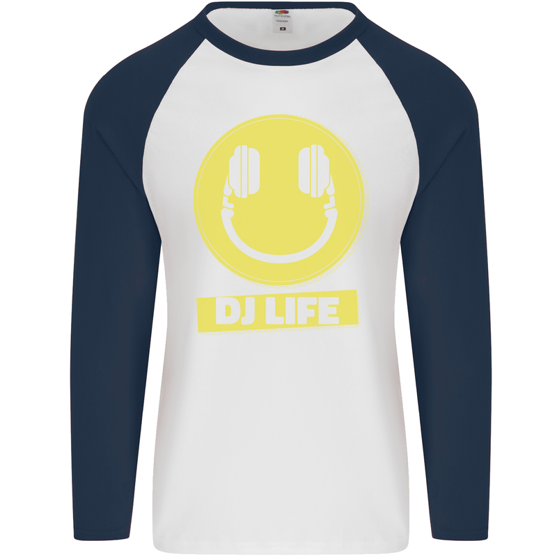 Headphones DJ Life Acid Face Vinyl Decks Mens L/S Baseball T-Shirt White/Navy Blue