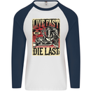 Live Fast Motorcycle Motorbike Biker Chopper Mens L/S Baseball T-Shirt White/Navy Blue