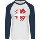 Torn Denmark Flag Danish Day Football Mens L/S Baseball T-Shirt White/Navy Blue