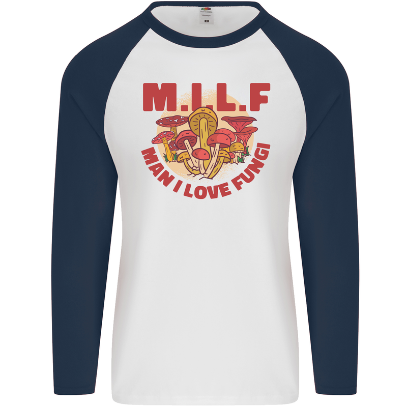 MILF Man I Love Fungi Mycology Foraging Mens L/S Baseball T-Shirt White/Navy Blue