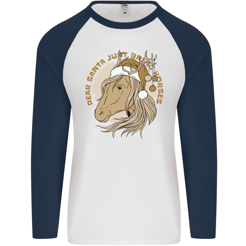 Dear Santa Funny Horse Equestrian Christmas Mens L/S Baseball T-Shirt White/Navy Blue