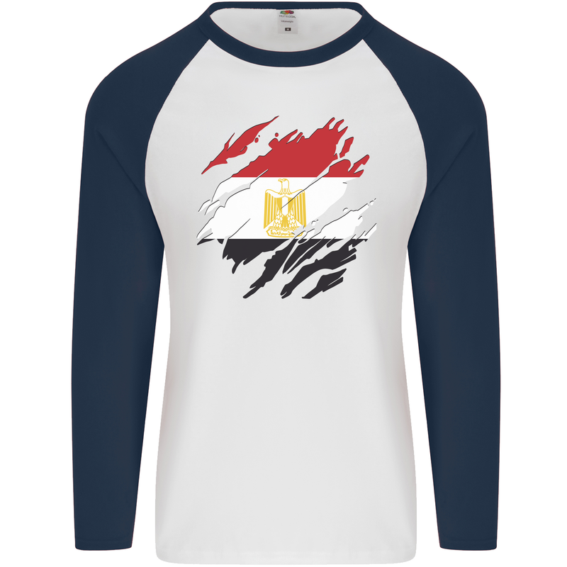 Torn Egypt Flag Egyptian Day Football Mens L/S Baseball T-Shirt White/Navy Blue