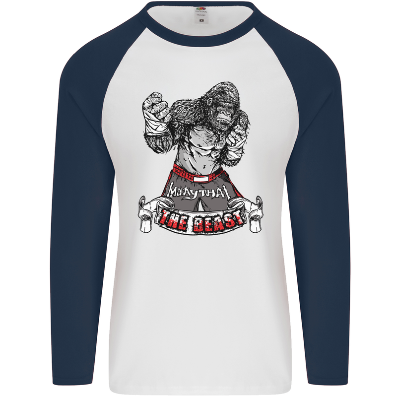 Muay Thai The Beast MMA Mixed Martial Arts Mens L/S Baseball T-Shirt White/Navy Blue