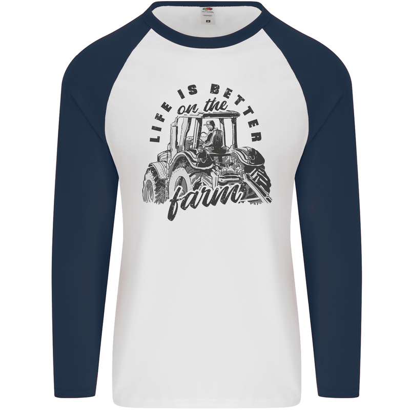 Tractor Life Is Better Farm Funny Farming Mens L/S Baseball T-Shirt White/Navy Blue