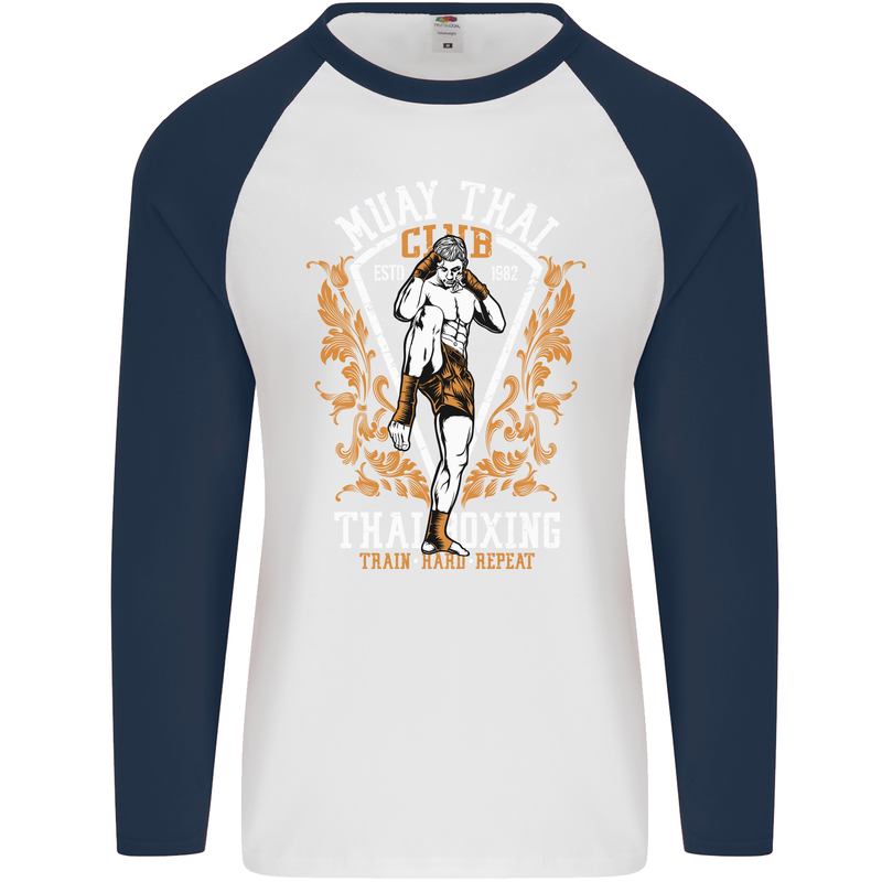 Muay Thai Fighter Warrior MMA Martial Arts Mens L/S Baseball T-Shirt White/Navy Blue