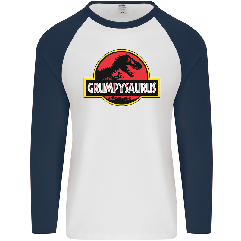 Grumpysaurus Funny Grumpy Old Git Man Mens L/S Baseball T-Shirt White/Navy Blue