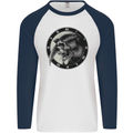 Grim Reaper Clock Skull Biker Gothic Demon Mens L/S Baseball T-Shirt White/Navy Blue