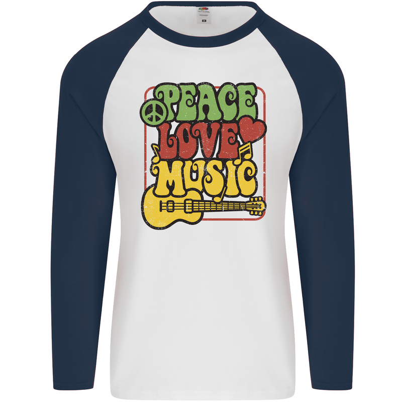 Peace Love Music Guitar Hippy Flower Power Mens L/S Baseball T-Shirt White/Navy Blue