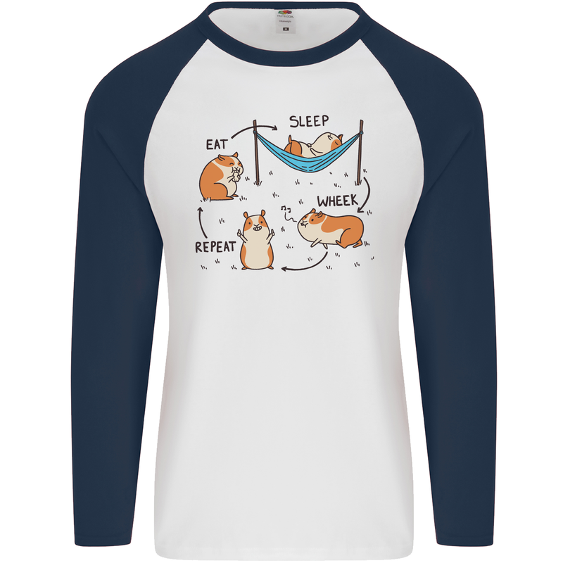 Hamster Eat Sleep Wheek Repeat Funny Mens L/S Baseball T-Shirt White/Navy Blue