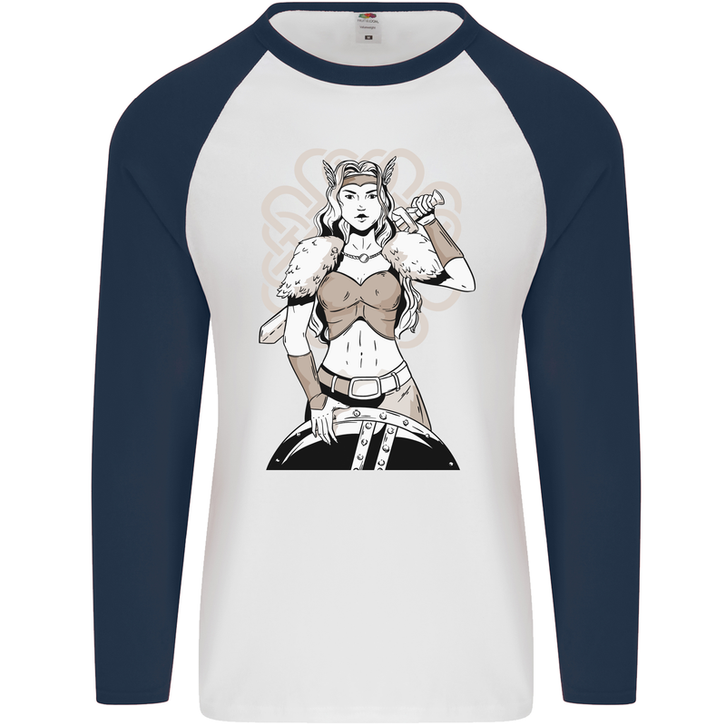 A Female Viking Shield Maiden Warrior Mens L/S Baseball T-Shirt White/Navy Blue