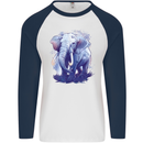 An Elephant Watercolour Mens L/S Baseball T-Shirt White/Navy Blue