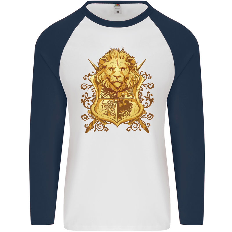 A Heraldic Lion Coat of Arms Shield Mens L/S Baseball T-Shirt White/Navy Blue