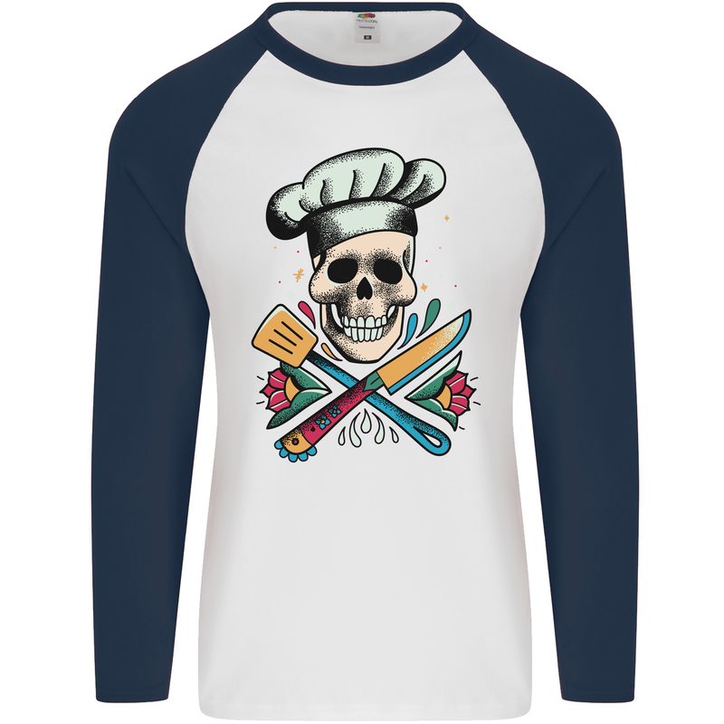 Chef Skull Mens L/S Baseball T-Shirt White/Navy Blue