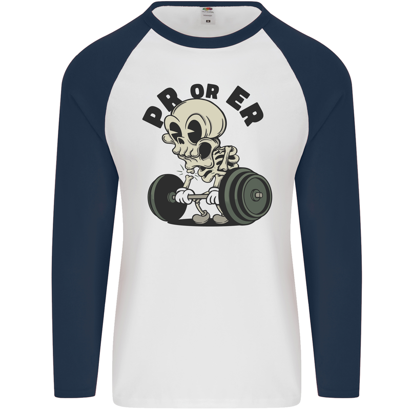 PR or ER Gym Bodybuilding Training Mens L/S Baseball T-Shirt White/Navy Blue