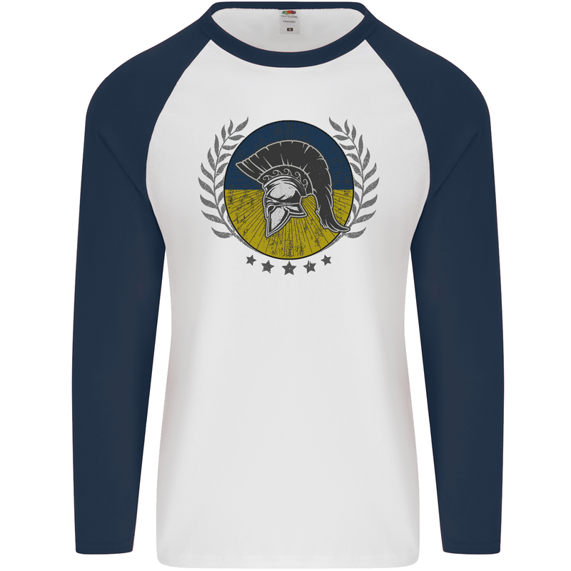 Ukraine Bodybuilding Flag Gym Training Spartan Mens L/S Baseball T-Shirt White/Navy Blue