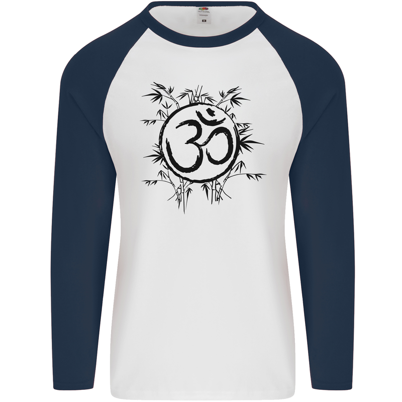 Yoga Symbol Sketch Meditation Mens L/S Baseball T-Shirt White/Navy Blue