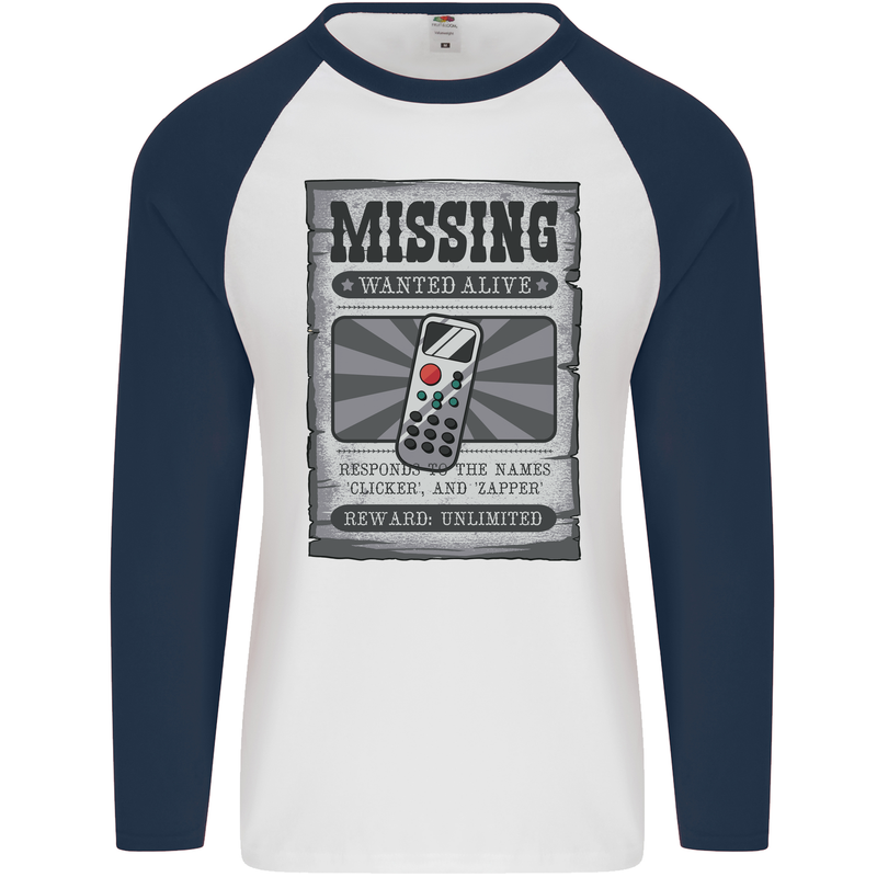 Wanted Remote Control Funny TV Lost Misplaced Mens L/S Baseball T-Shirt White/Navy Blue