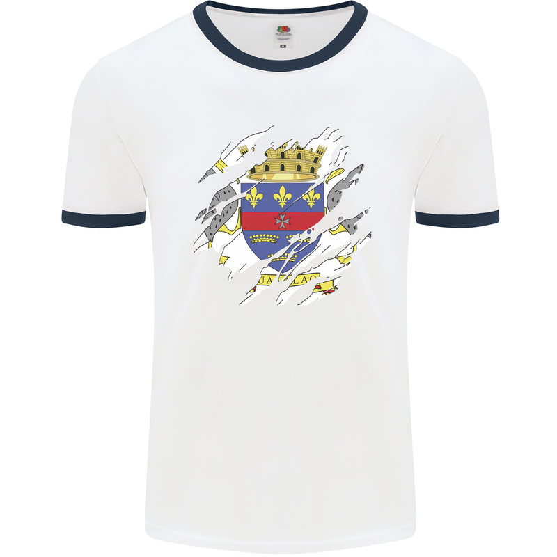 Torn Flag Saint Barthelemy Mens Ringer T-Shirt White/Navy Blue