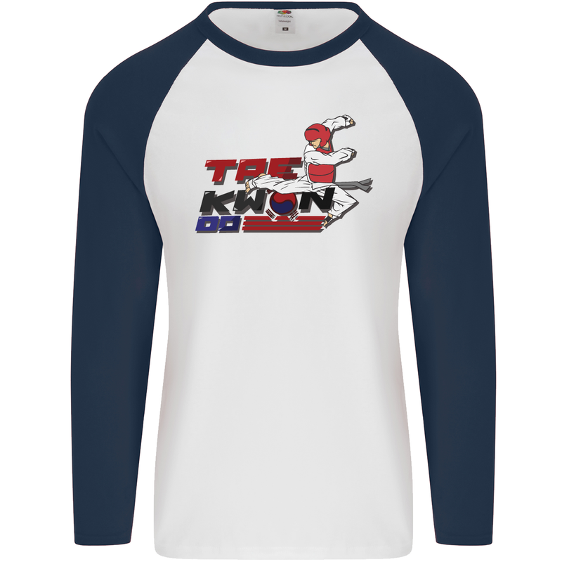 Taekwondo Fighter Mixed Martial Arts MMA Mens L/S Baseball T-Shirt White/Navy Blue