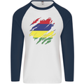 Torn Mauritius Flag Mauritians Day Football Mens L/S Baseball T-Shirt White/Navy Blue