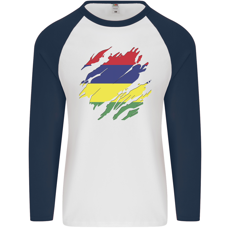 Torn Mauritius Flag Mauritians Day Football Mens L/S Baseball T-Shirt White/Navy Blue