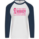 Breast Cancer Awareness Nobody Fights Alone Mens L/S Baseball T-Shirt White/Navy Blue