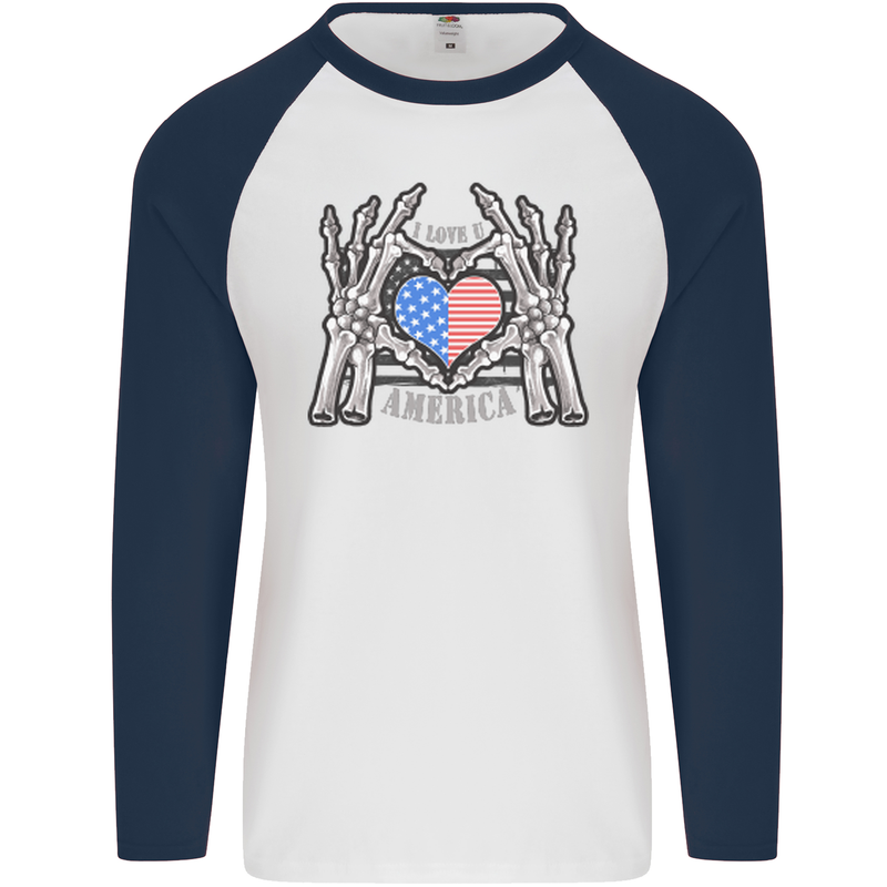 I Love You America 4th of July USA Flag Mens L/S Baseball T-Shirt White/Navy Blue