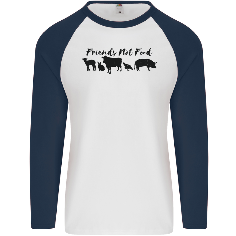 Vegetarian Animals Friends Not Food Vegan Mens L/S Baseball T-Shirt White/Navy Blue