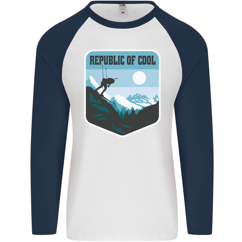 Republic of Cool Skiing Skier Ski Mens L/S Baseball T-Shirt White/Navy Blue