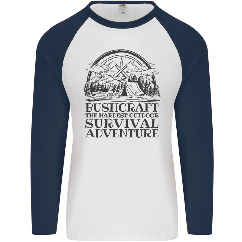 Bushcraft Outdoor Survival Adventure Mens L/S Baseball T-Shirt White/Navy Blue