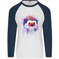 Hedgehog Watercolour Mens L/S Baseball T-Shirt White/Navy Blue