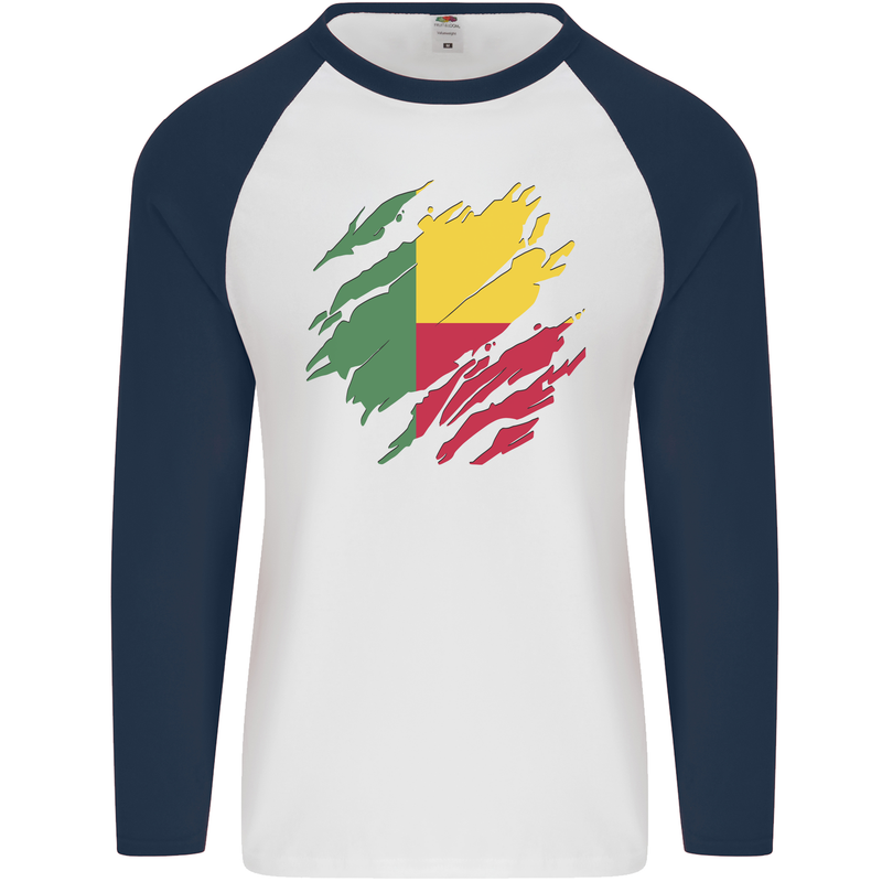 Torn Benin Flag Beninese Day Football Mens L/S Baseball T-Shirt White/Navy Blue