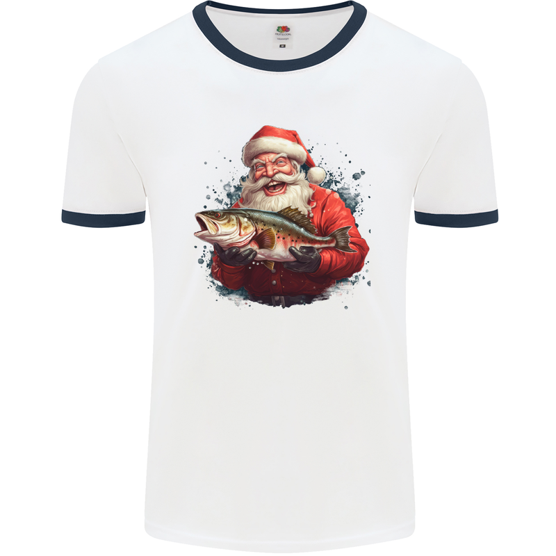 Fishing Santa Claus Fisherman Christmas Mens Ringer T-Shirt White/Navy Blue