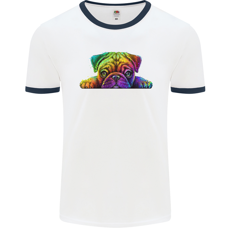 A Colourful Pug Dog Mens Ringer T-Shirt White/Navy Blue